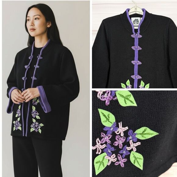 Storybook Knits Sweaters - NWT Storybook Knits Black Cardigan Chinese Style Zip Front Embroidered L Vintage